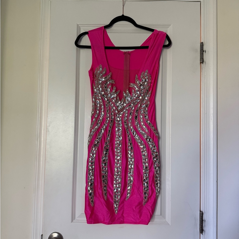 Vibrant Pink and Silver Embellished Mini Dress